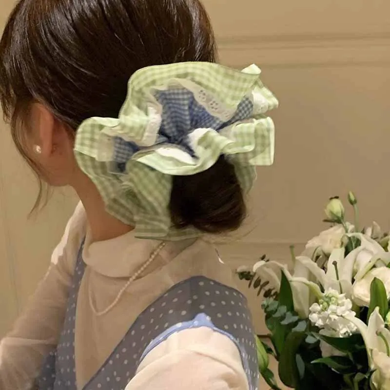 Mint Green Small Fresh Spring Checkered Lace Edge Hair Scrunchies For Women Large Oversized Hair Bands Ponytail Holder 4 Layers