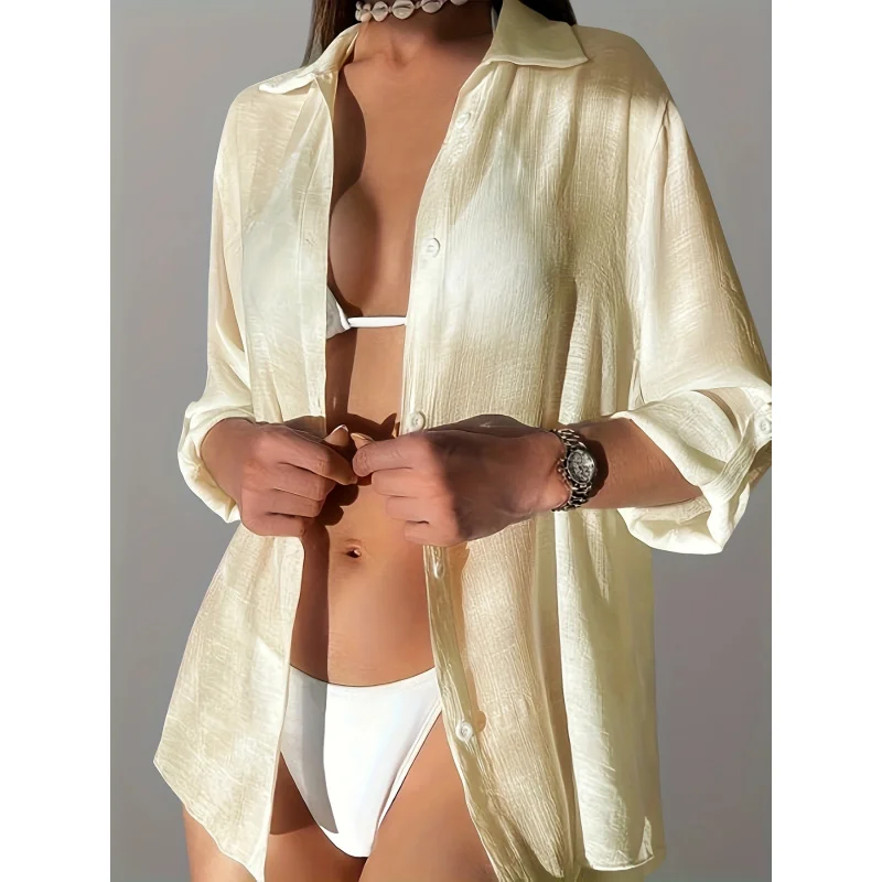 

Women's Summer Minimalist Tropical Resort-Style Solid-Color Long-Sleeve Beach Cover-Up
