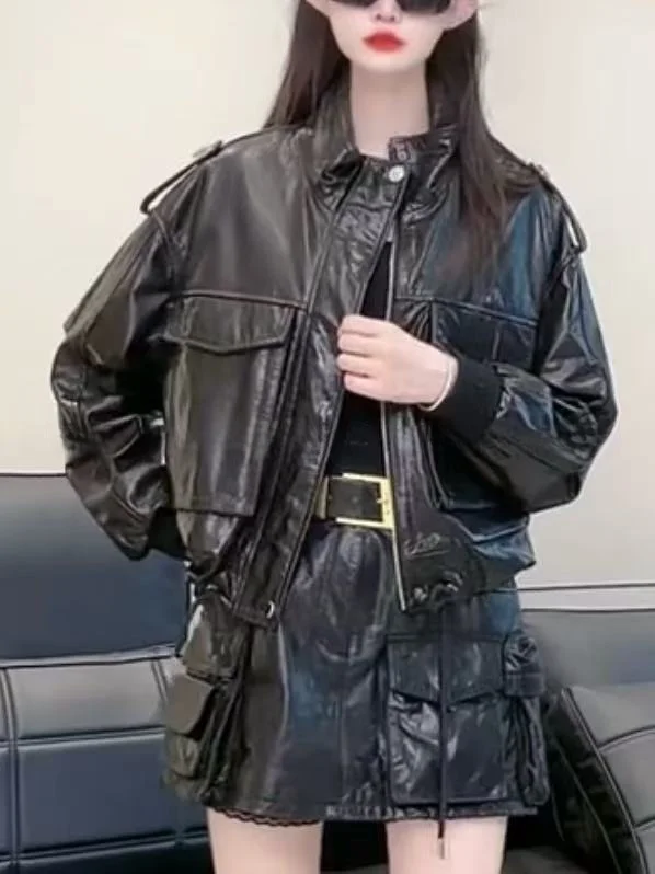 2025 neue frauen ort Leder Jaet Lose Abnehmen Motorrad Kleidung Öl Wachs Leder Mantel Casual Faion Oberbekleidung