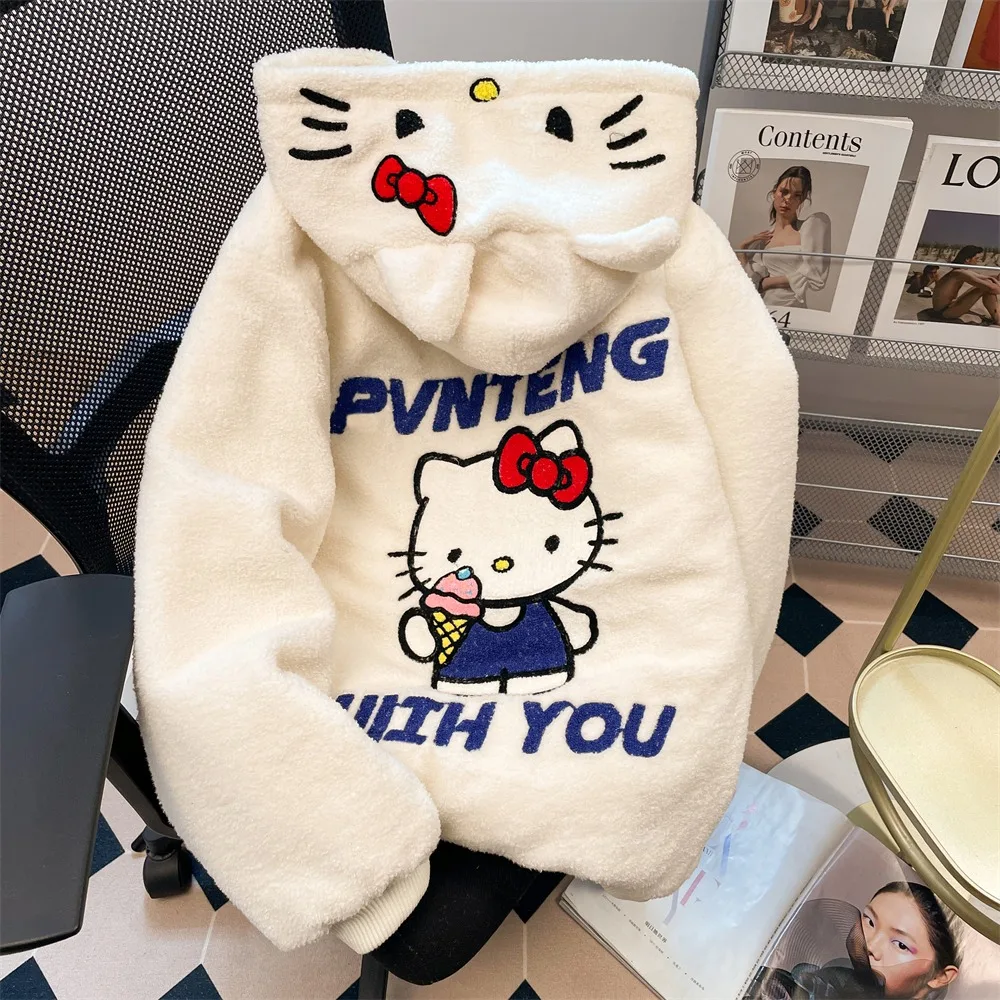 

Kawaii HelloKitty Autumn and Winter Women's Sweatshirt Loose Softy Hooded Cartoon Zip Up Jacket All-Match Simple Keep Warm Top