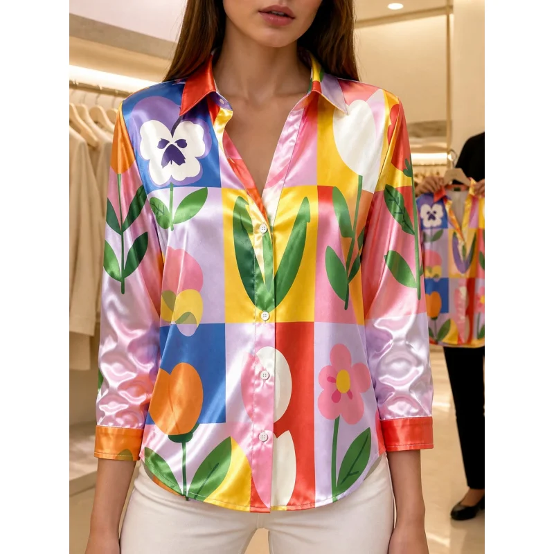 Haut en satin pour femme 2026, motif décontracté de style vacances, matière satinée brillante, lisse et fluide.