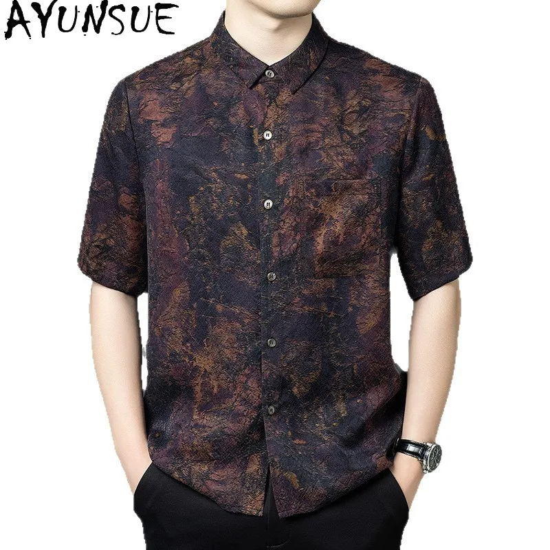 

AYUNSUE 100% Real Mulberry Silk Shirts for Men High-end Watered Gauze Short Sleeve Shirt Summer Top Casual Fashion Shirts Men