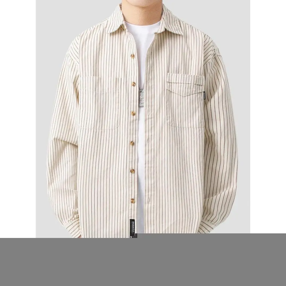 

Мужская свободная длинная рубашка в полоску в винтажном японском стиле, весенне-осенняя, повседневная, приталенная, молодежная, с воротником на пуговицах