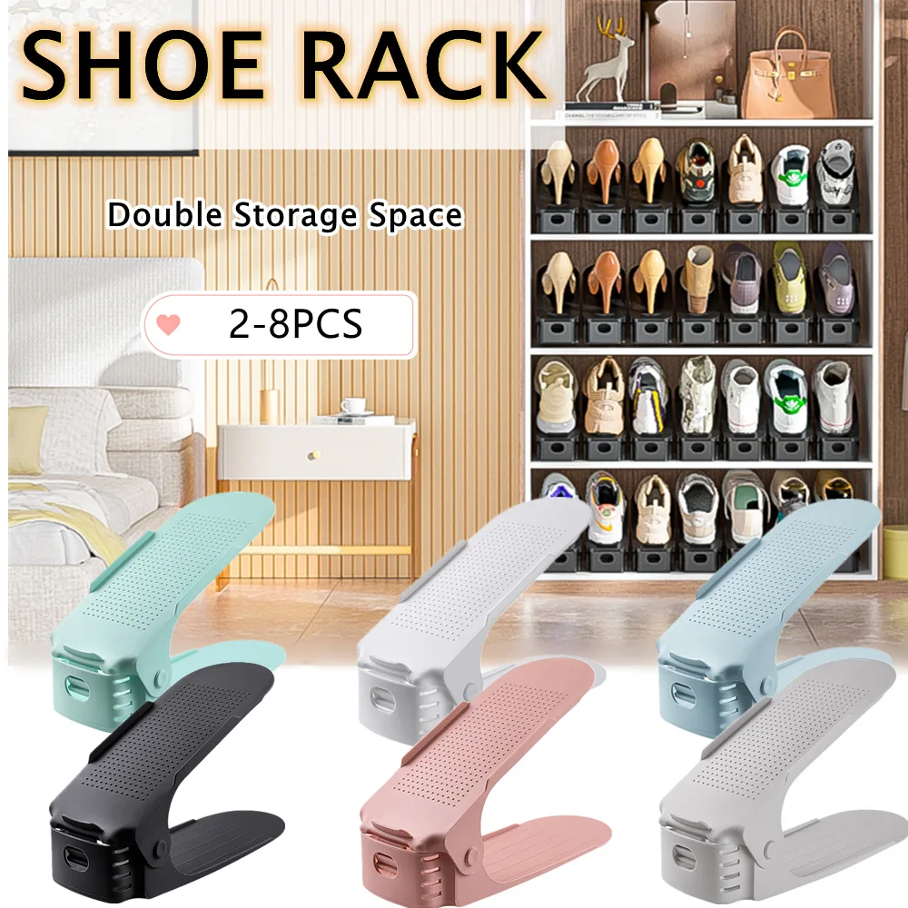 2-8PCS Shoes Organizer, Adjustable Shoes Rack, Double Space Save Shoes Storage Stacker Rack, Plastics Shoe-shelf Organizers Rack