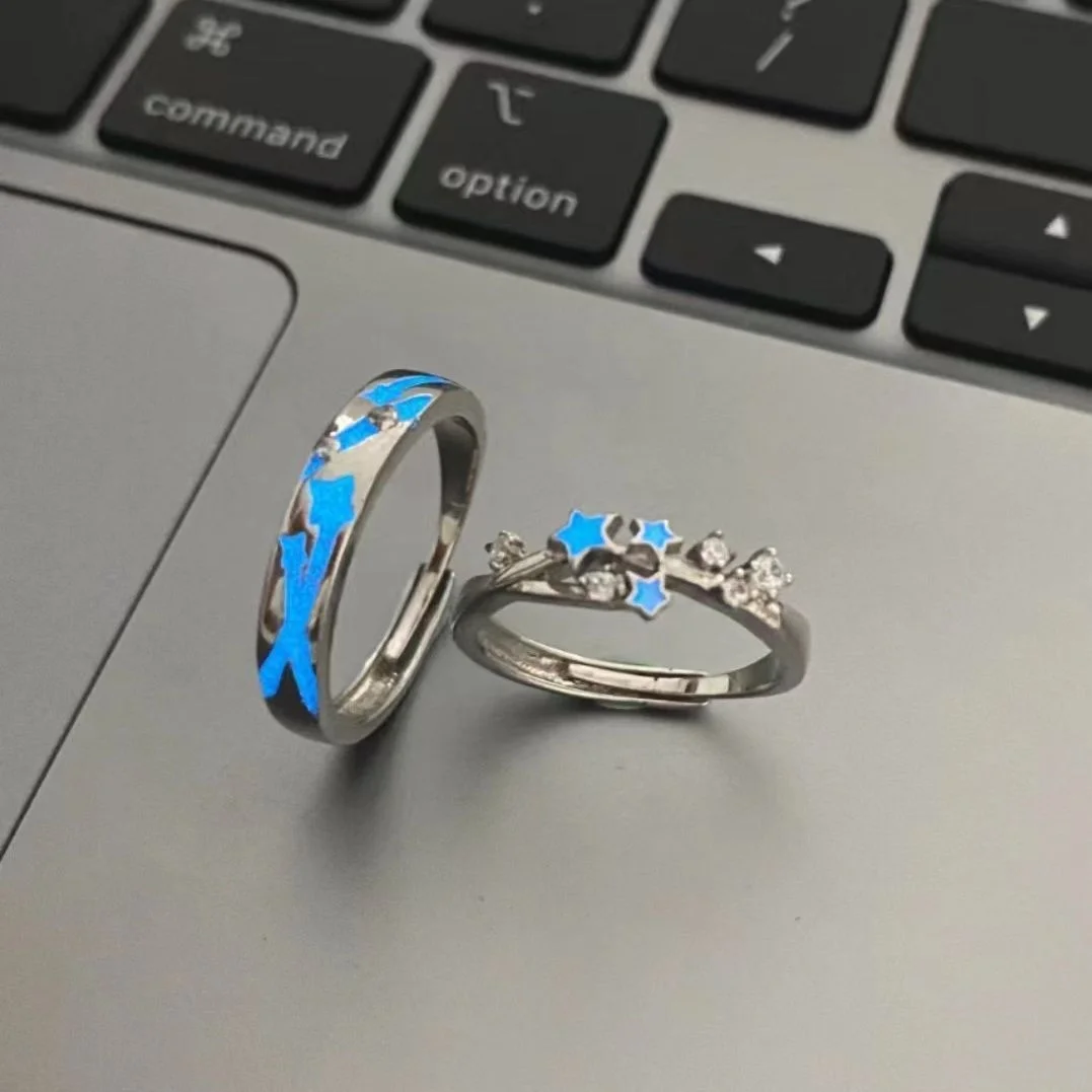 Luminous Blue Green Light Star Ring Glow In Dark Fluorescent Heart Ring Women Men Couple Finger Rings Jewelry Adjustable