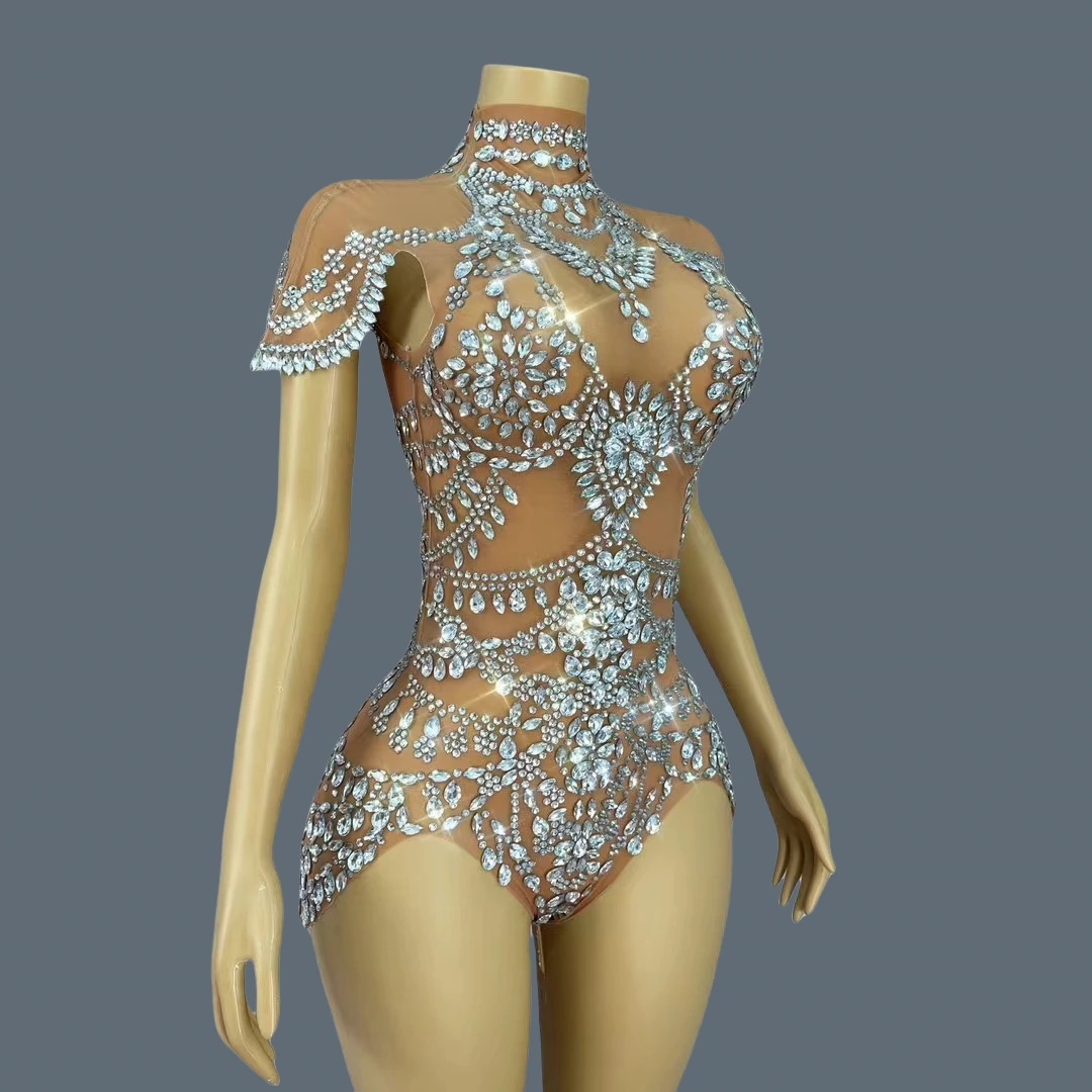 Body feminino brilhante com strass, malha sexy transparente para performance em palco, fantasia bodycon, cantor, clube, show, roupa skinny wuniang