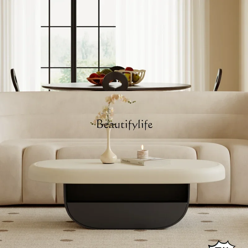 

1z.Italian Small Apartment Living Room Coffee Table French Cream Style Oval Paint Sofa Table Tea Table