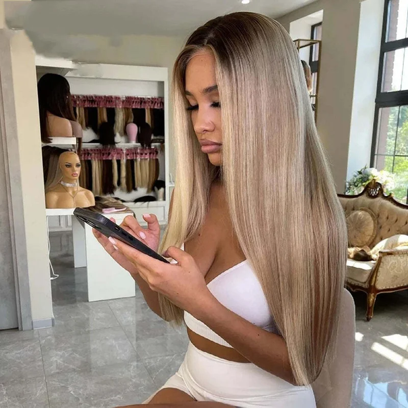 Balayage Ash Blonde Highlights  Human Hair Wigs Straight Blonde Lace Front
