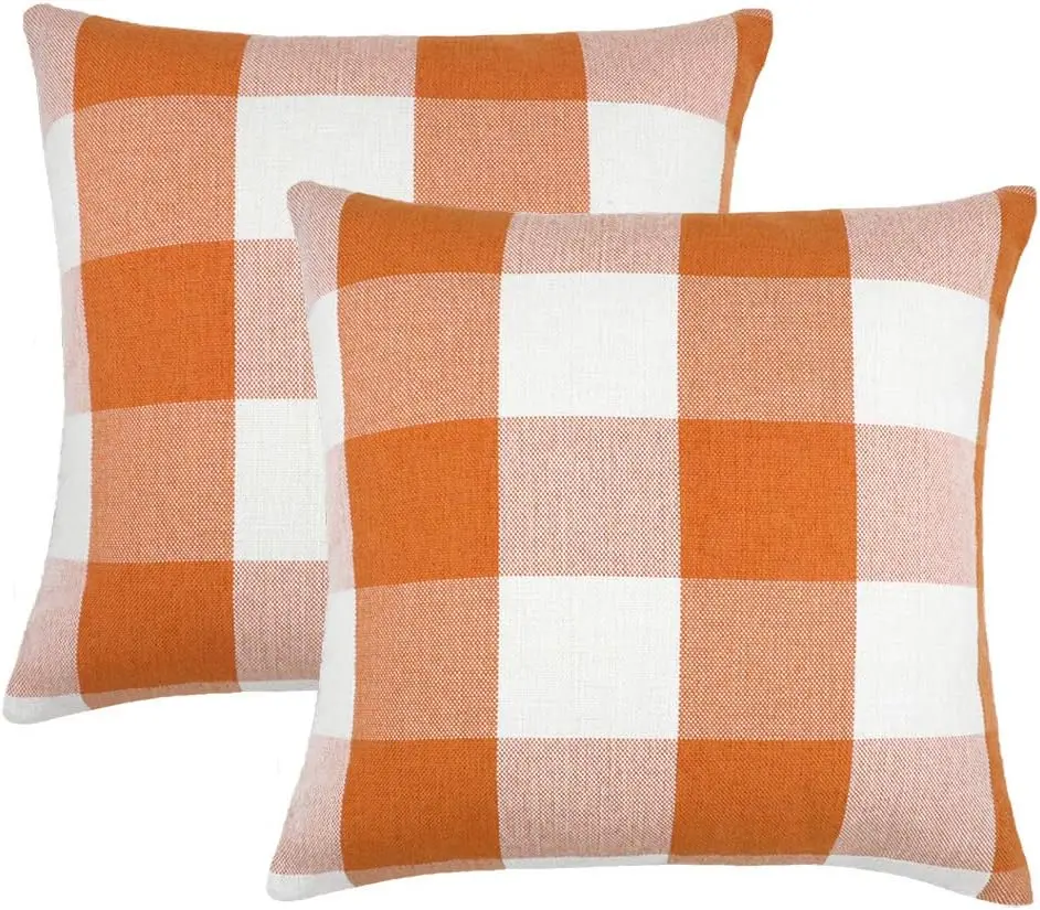 

Emotion Set of 2 Farmhouse Buffalo Check Plaid Throw Pillow Covers Cushion Case Polyester Linen for Fall Home Decor Orange and W