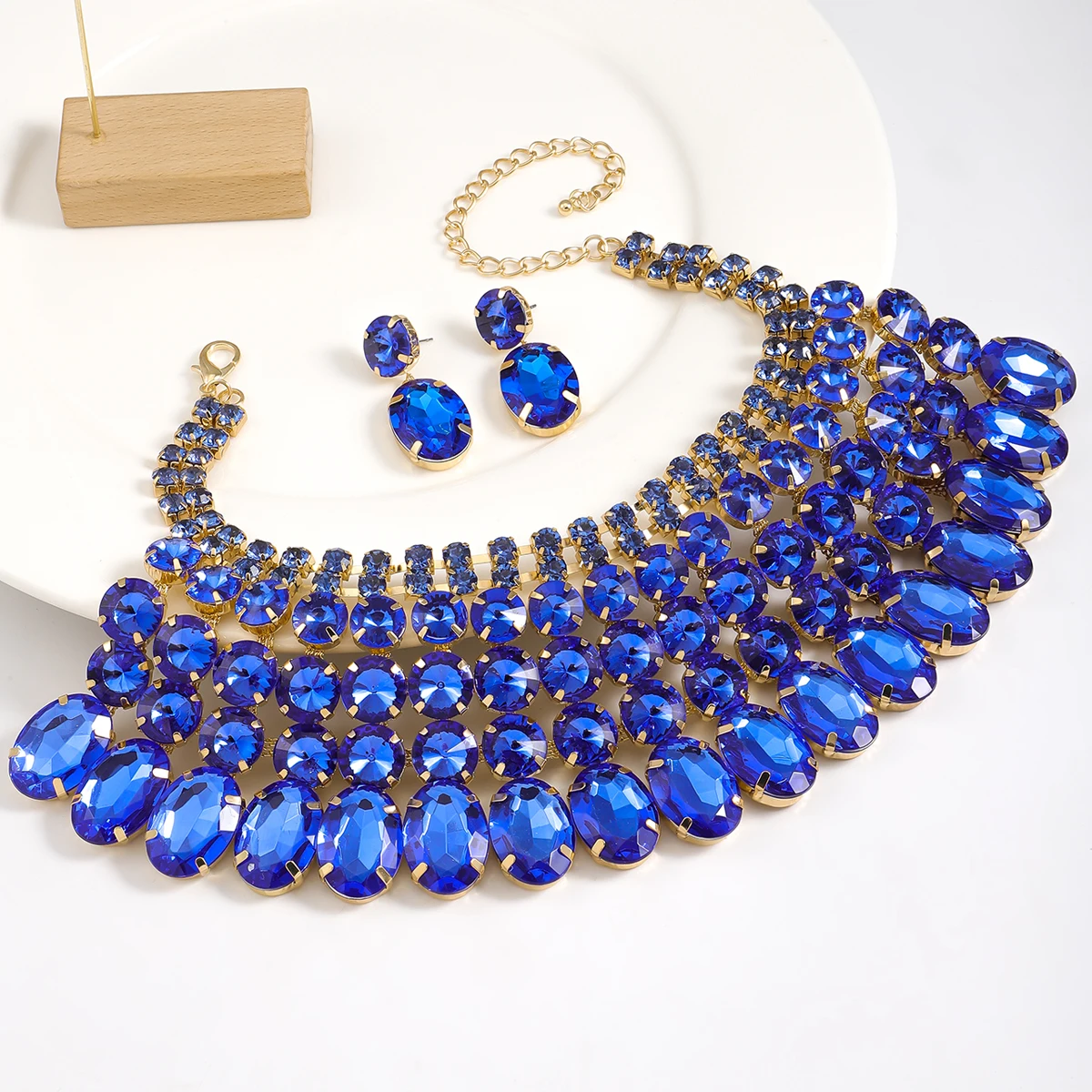 Best Lady 3 Pc Luxurious Exaggerated Style Full of Rhinestone Necklace Earrings Set For Birthday Parties Multiple Color Options