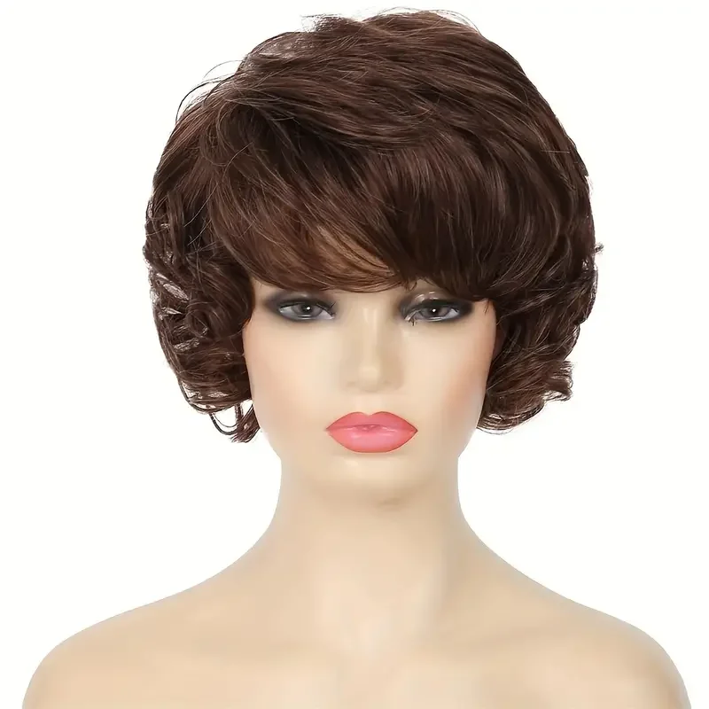 Short brown curly wavy wig with bangs synthetic stylish brown wig for women Full Women's daily Party Wig