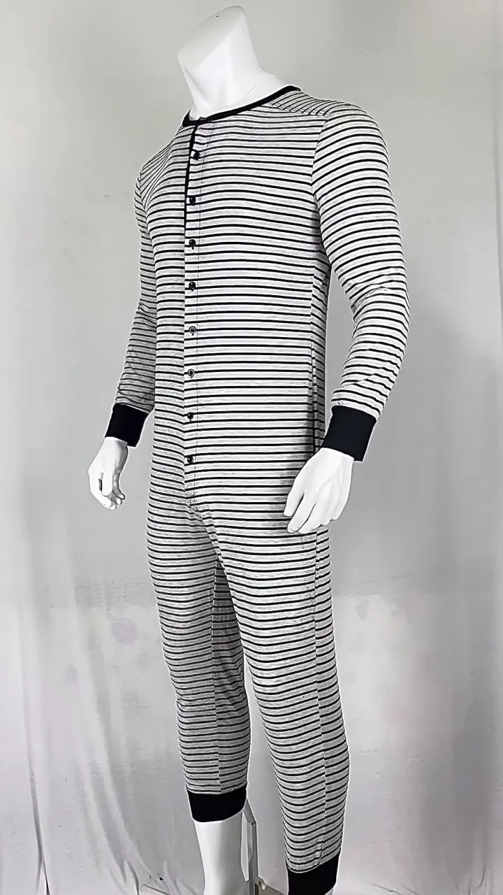 

Comfortable Striped Long-Sleeve Button Pajama Jumpsuit Men One-Piece Homewear Sleepwear Nightwear for Daily Lounge Sleeping