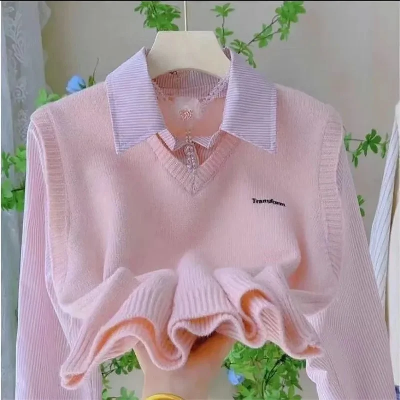 

2026 Spring And Autumn Knitting New New Chinese Autumn And Winter Shirts Fashion Fake Two Sweaters Spliced Western Joker Top