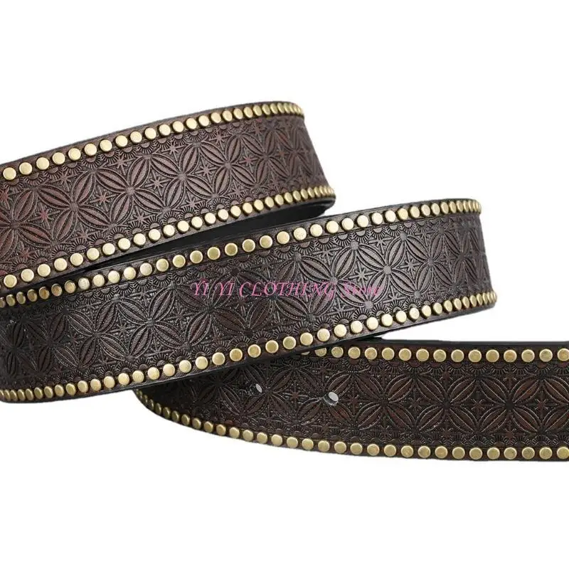N5KF Elegant Western Belt for Male Engraved Pattern Buckle Pants Belt Embossing Cowboy Belt Adult Cowboy Belt Jeans Belt