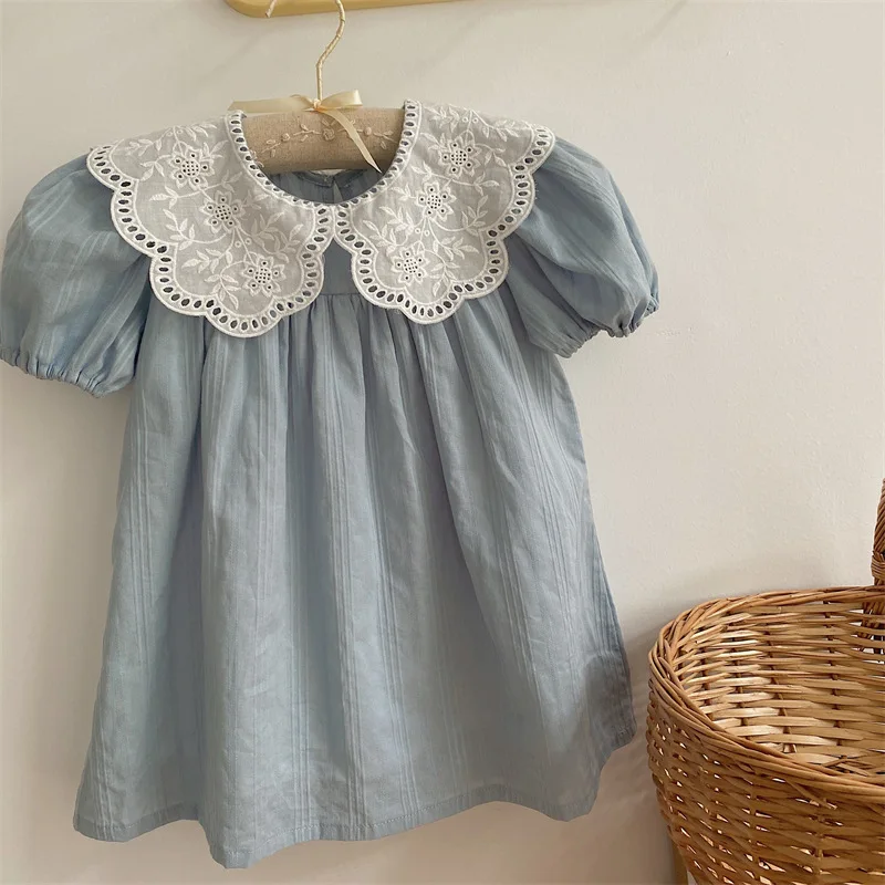 Toddler Girls Summer Lace Collar Dress Short Puff Sleeve Pleated A-Line Princess Dress Kids Baby Casual Cotton Linen Dresses