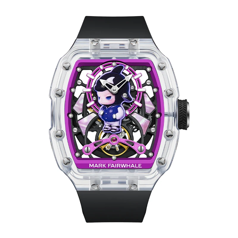 Mark Fairwhale Men Automatic Watch 48mm Acylic Tonneau Mechanical Wristwatch Skeleton Dial 30M Waterproof Luminous