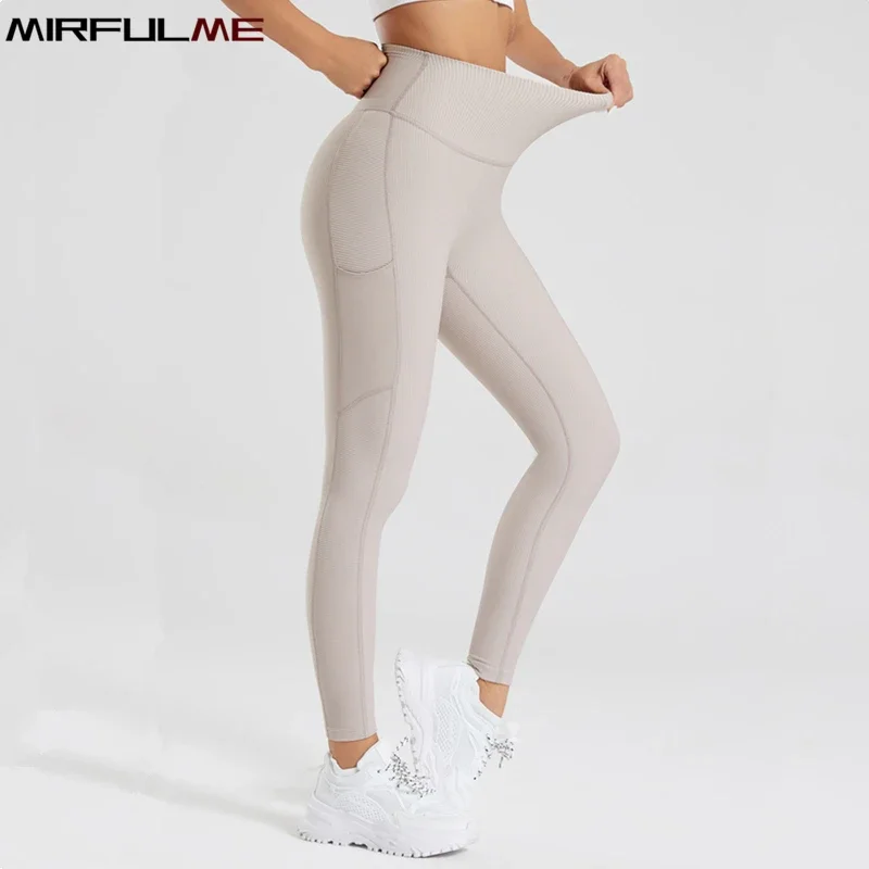 Women Sport Leggings High Waist Yoga Pants Hip Lifting Running Trousers Textured Leggings Elastic Gym Fitness Tights With Pocket