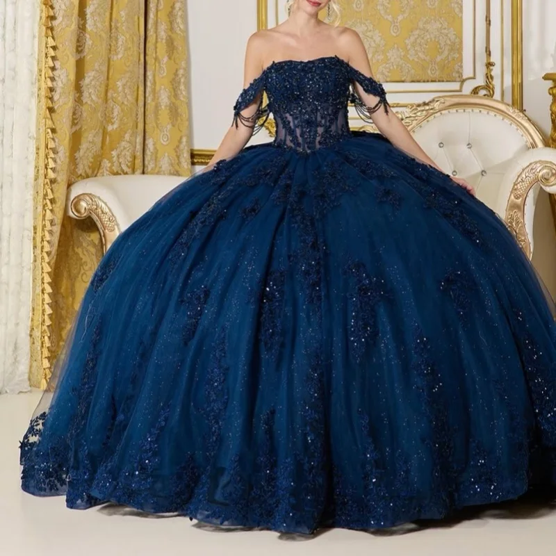 

Shiny Dark Blue Quinceanera Dresses Off the Shoulder Glitter 3D Flower Decal Tull Long tail Bow Vestido 15 Quinceanera Customize