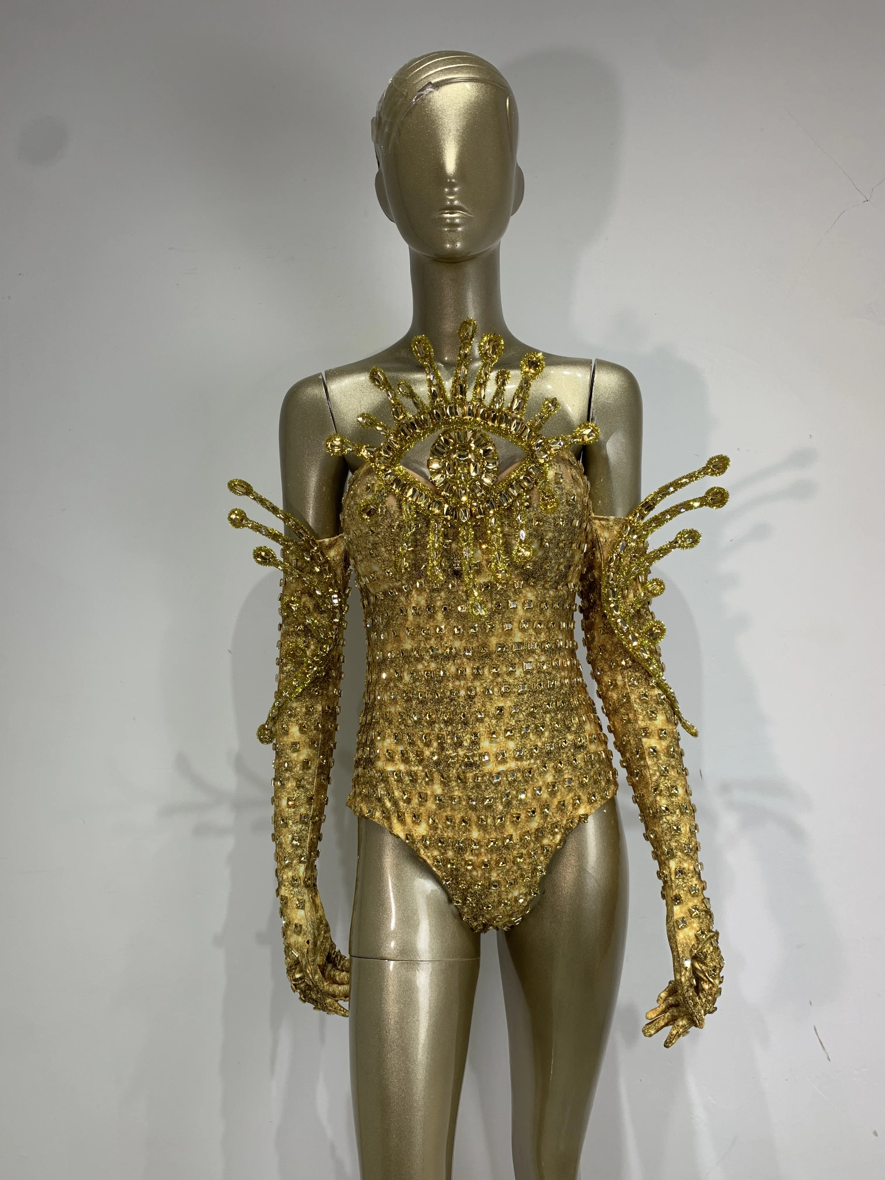 Sparkly Diamond Bodycon Bodysuits With Gloves Women Sexy Backless Nightclub Evening Party Singer Dancer Stage Performance Outfit
