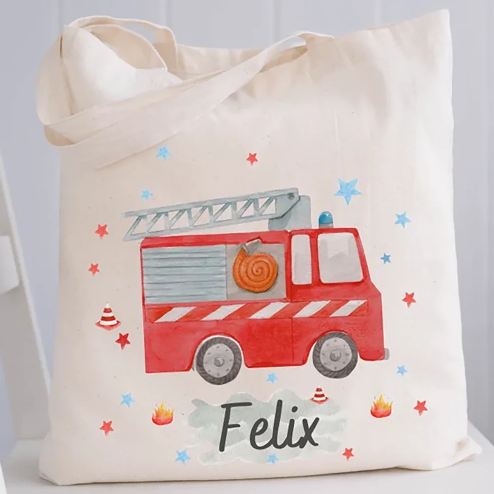 

Custom Fire Truck Tote with Name Sport Bag Children Back To School or Birthday Gift Travel Accessory Learning Stationery Storage