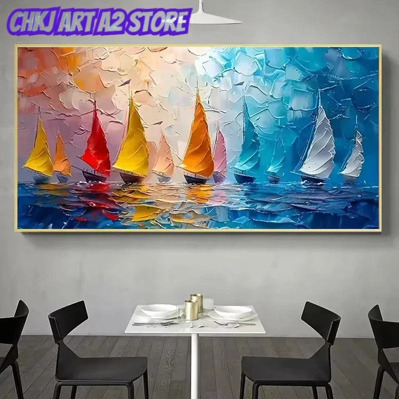 Modern Sailboat Sea View Canvas Art oil Paintings Large-Sized Landscape Canvas Printing Poster for Living Room Home Decoration