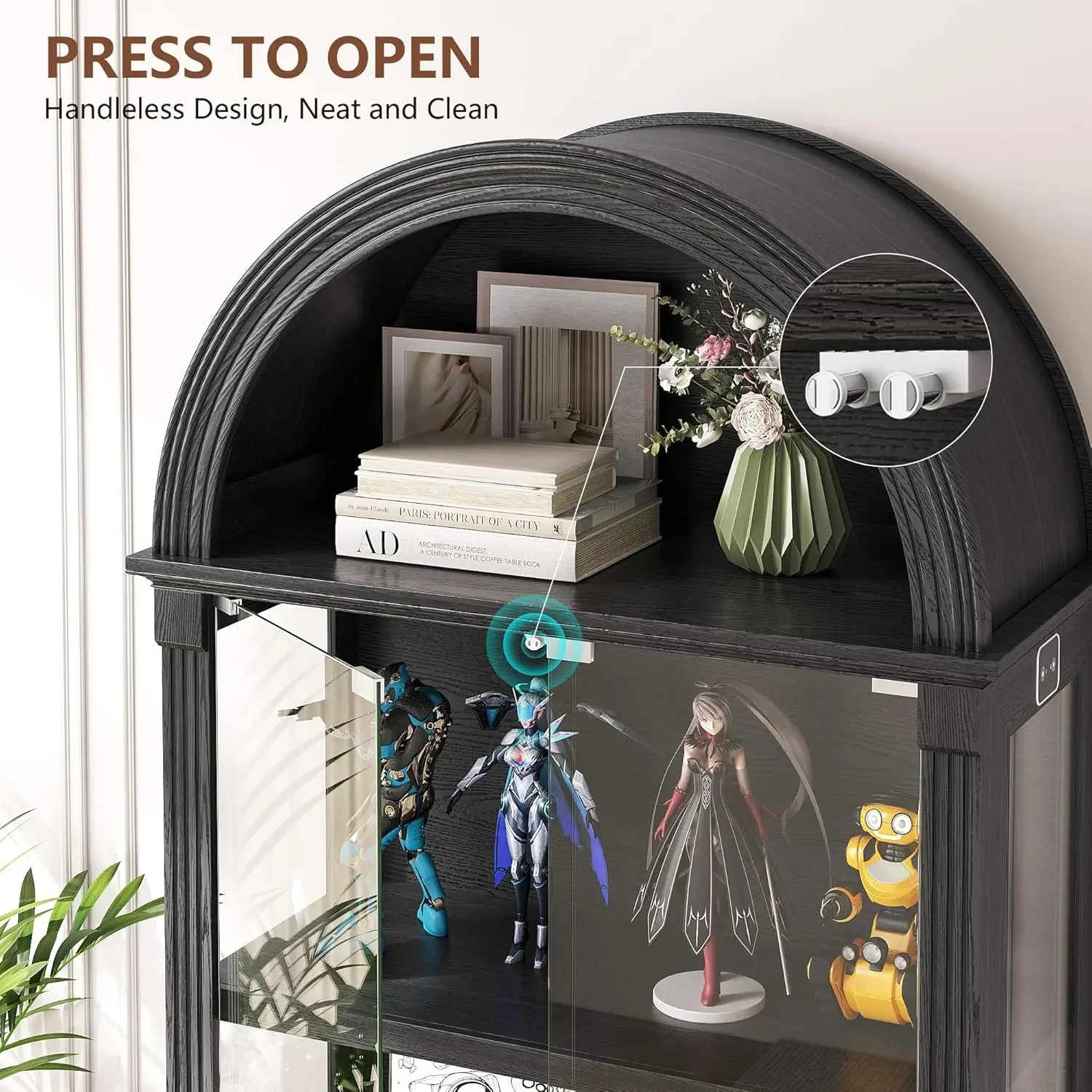 [Discounted Price!]Black Curio Cabinet with Glass Doors, 72" Tall Arched Display Cabinet with Human Sensor Lights 4-Tier Display