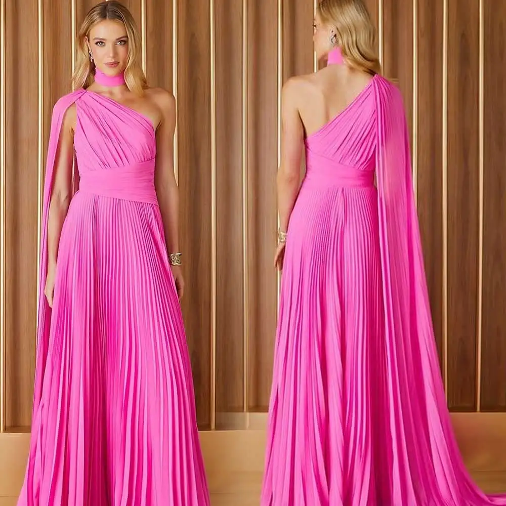 Solid Color Evening Gown Single-Shoulder Shawl A-Line Pleated Temperament Women's Elegant Floor Length Backless  es