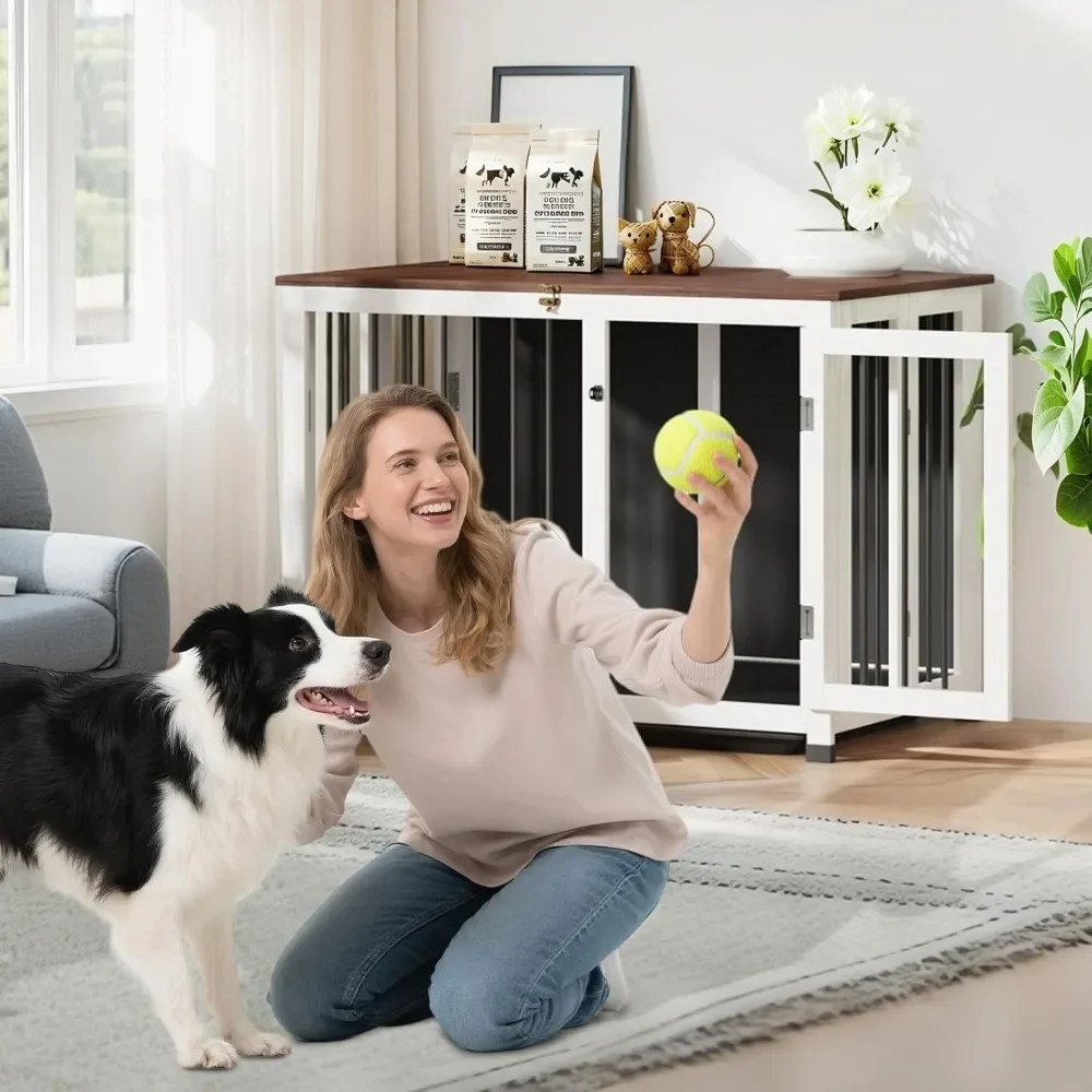 بيت كلب خشبي داخلي مع صينية قابلة للإزالة و360 °   وحدة تغذية دوارة للكلاب المتوسطة والكبيرة - تصميم طاولة نهاية قوي #4