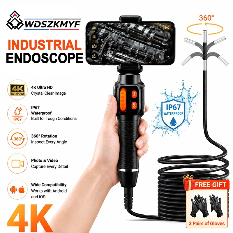 Articulated 360° Rotation Endoscope Borescope Camera 4K UHD 6mm Lens IP67 Waterproof Automotive Car Repair Inspection Camera