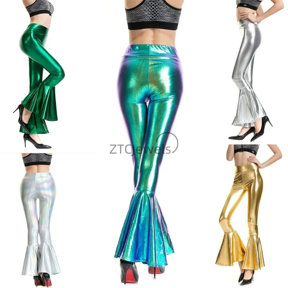 

Mermaid Bell-Bottom Stretch Faux Leather Trousers for Women High Waist Shiny Gradient Bodycon Dance Pants with Elastic Waist