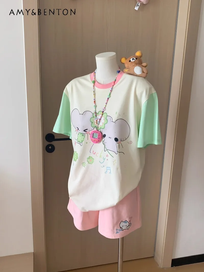 

2025 Summer Japanese Original Punk Cartoon Print Solid Color Versatile Loose Round Neck Short Sleeve Top For Women