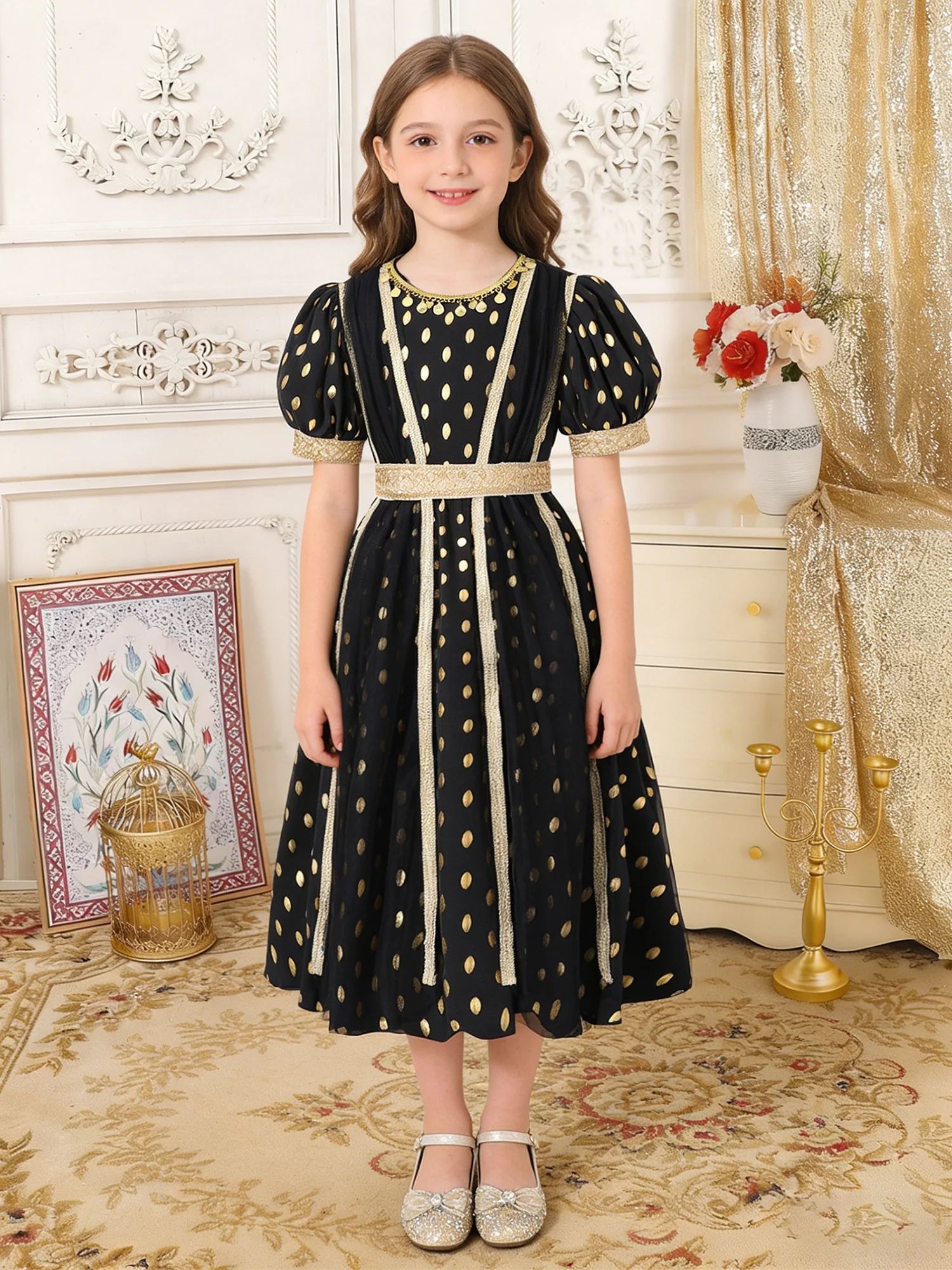 

Girls Polka Dots Print Dress Halloween Vintage Princess Dress Gold Trims Puffy Sleeve Ruffled Long Dress Birthday Party Gowns