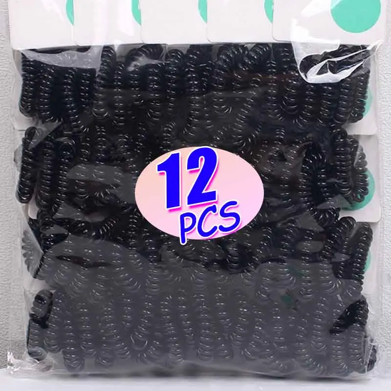 

12pcs Telephone Wire Cord Hair Ring Women Elastic Spiral Hair Ties Black Rubber Bands Scrunchies Headwears Ponytail Holder