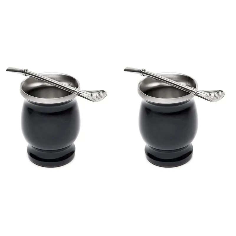 ABZC-2X Yerba Mate Gourd Set Double-Wall Stainless Steel Mate Tea Cup And Bombilla 8 Ounces Bombillas Yerba Mate Straw Black