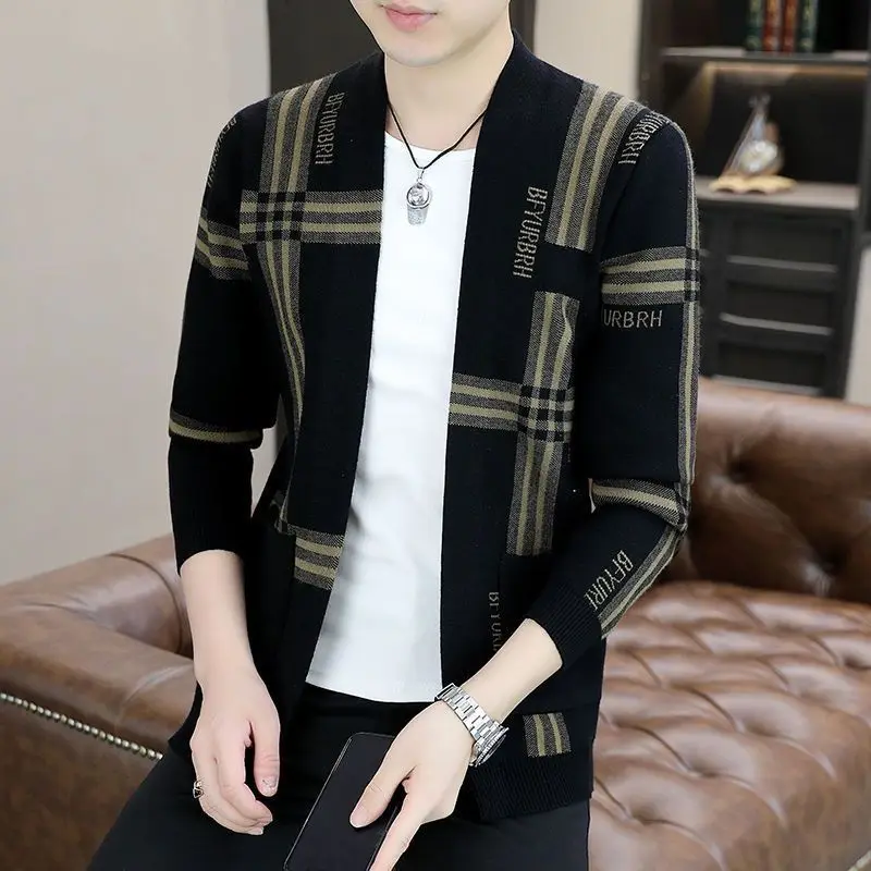 

Men Autumn Winter New Fashion Casual Style Stand Collar Cardigan Sweater Plaid Pockets Spliced Leisure Long Sleeve Knitted Coat