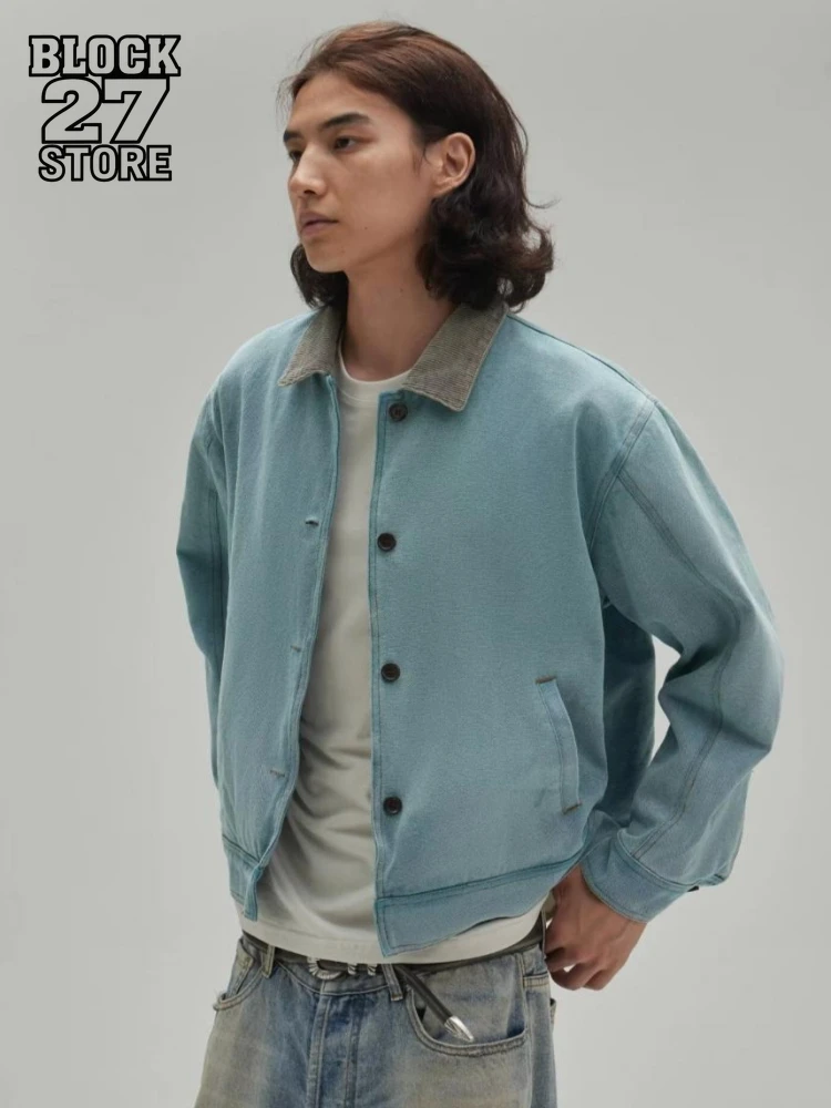 

Mens Jacket Harajuku American Vintage Streetwear Turn Down Collar Workwear Coat Loose Fit Washed Spring Autumn Casual Unisex New