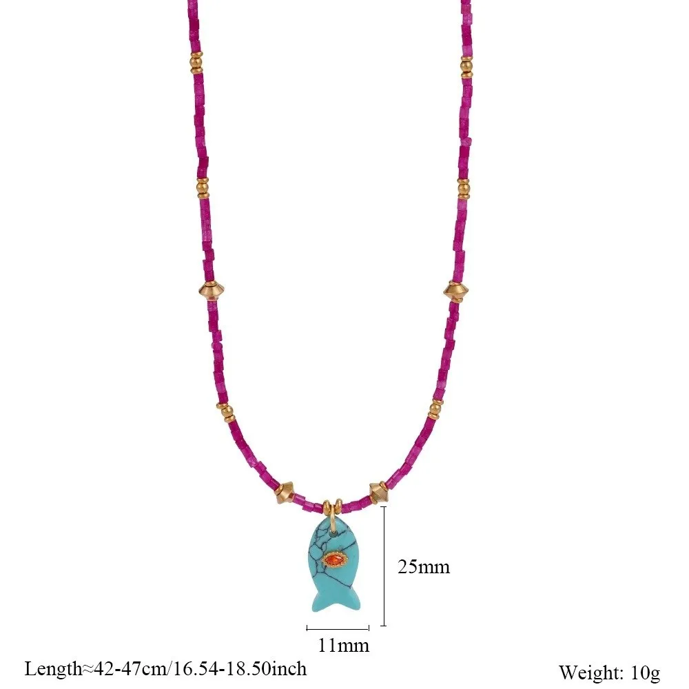 

Colorful Fish Pendant Necklace Bohemia Style Handmade Ocean Style Necklace Cylinder Stone Bead Choker Necklace
