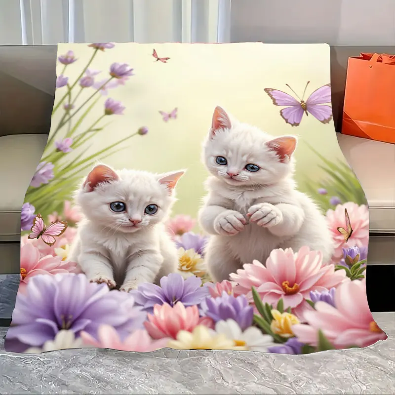 

1pc Flannel Blanket Cute Kittens in Floral Garden Soft Blanket for Cozy Home Decor