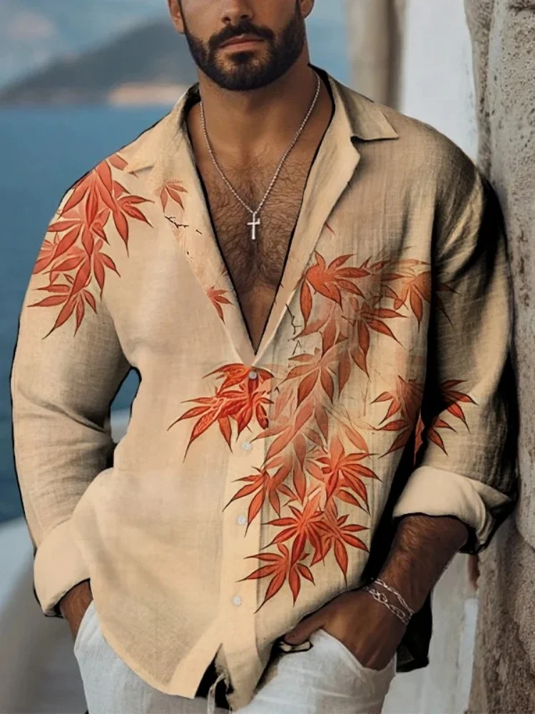 الرجال مابل ليف النمط الصيني الفن طباعة قميص طويل الأكمام موضة البوهيمي التلبيب طوق بلوزة 2025 الخريف Vintage الستر الذكور #1