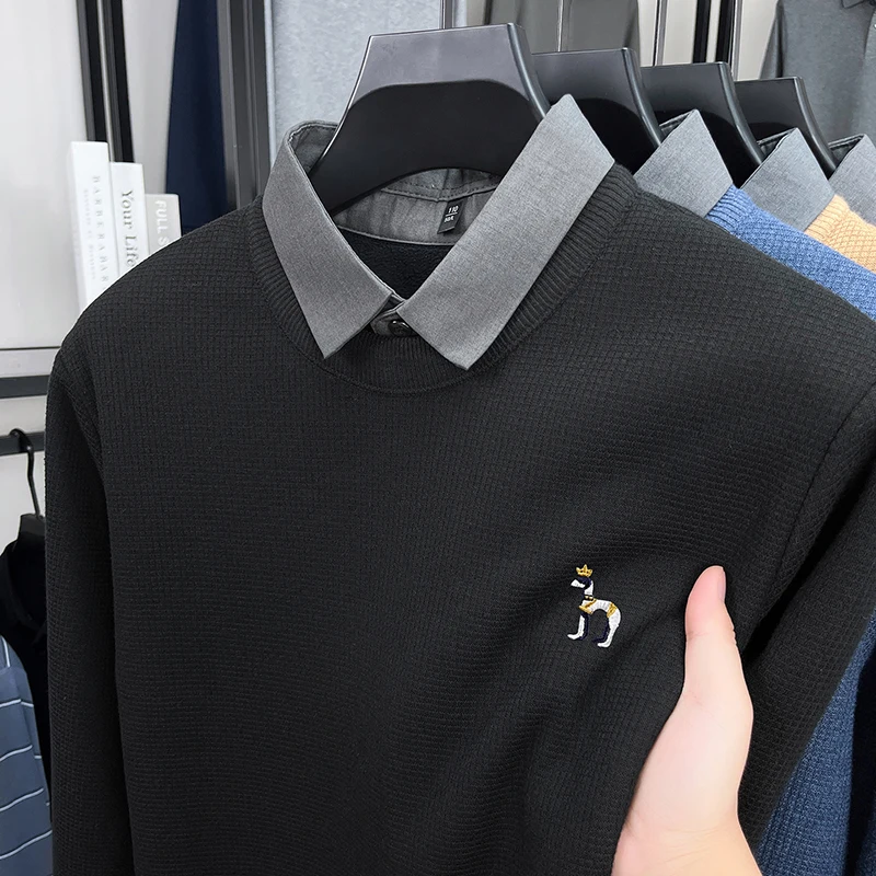 Luxury Quality Men's Knitted Sweater Fake Two-Piece Cartoon Dog Embroid Long Sleeve Winter Shirt Collar Business Casual Menswear