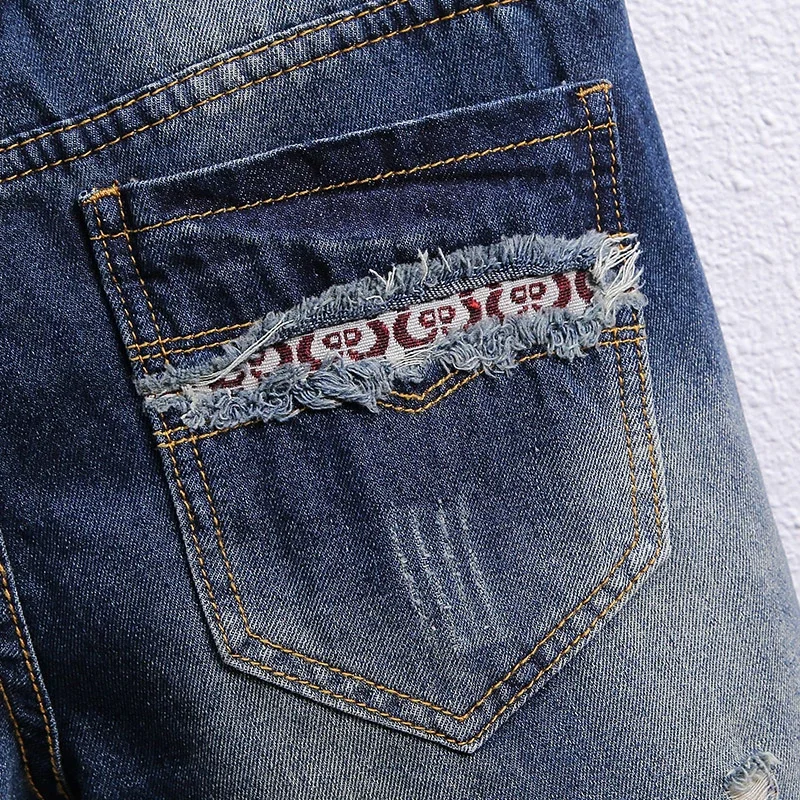 2024 Summer Jeans Men\'s Flip Denim Shorts New Worn Hole Patch Vintage Young Design Fashion Ruined Plus Size Summer Pants