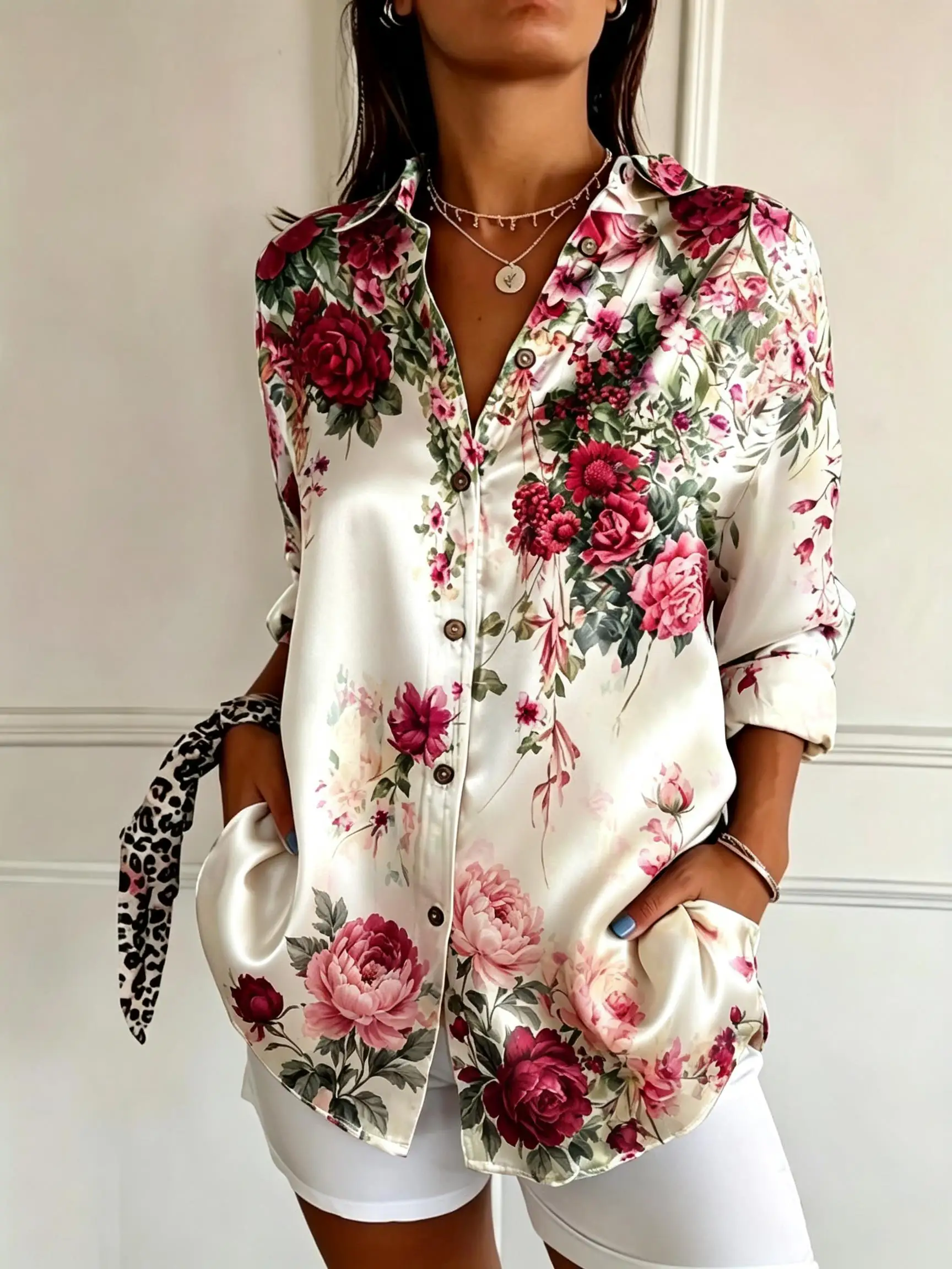Women Vintage Floral Blossom Print Lapel Collar Long Sleeve Shirt Loose Button‑Down Elegant Casual Office Blouse Tops