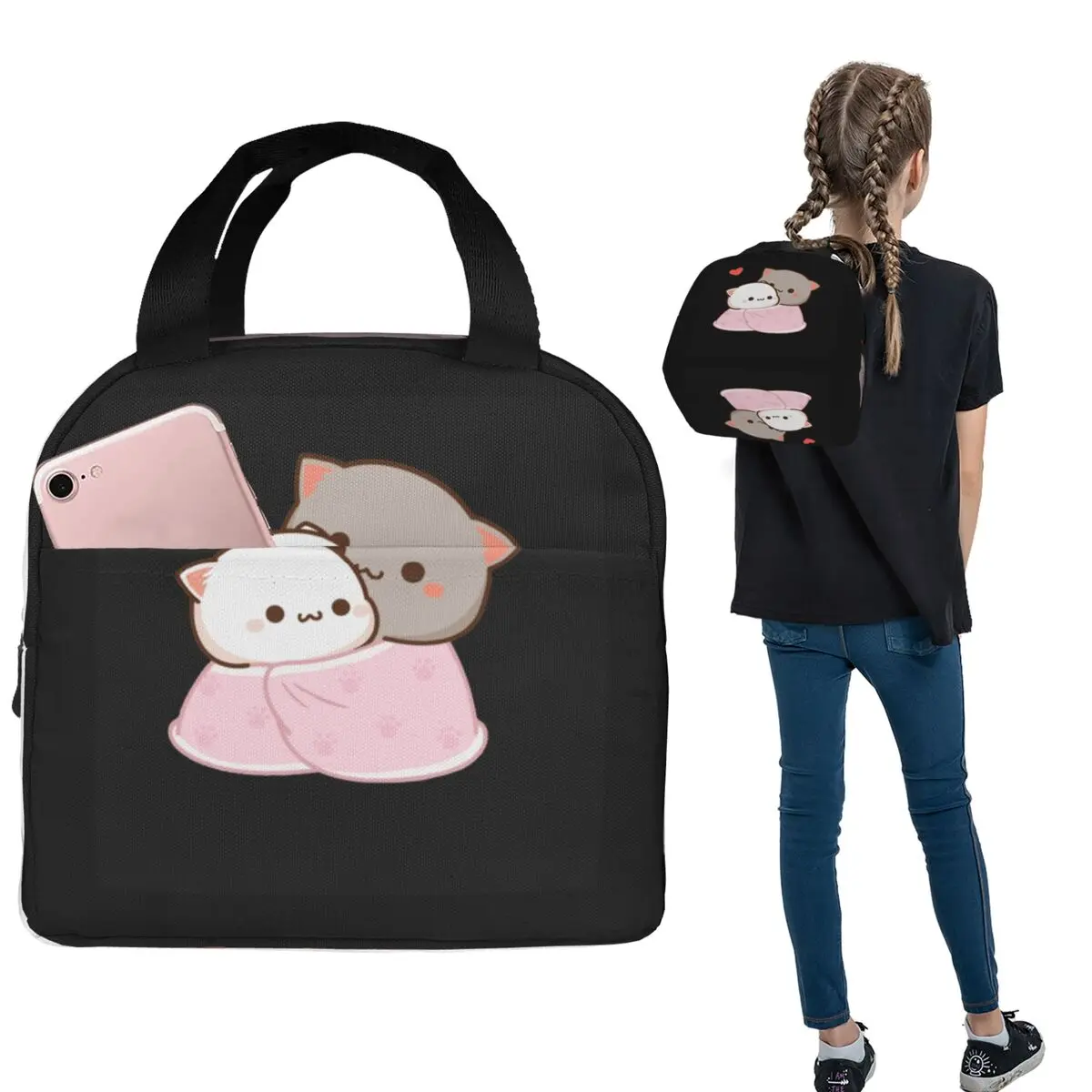 

Термосумка для обедов Peach And Goma Cuddling Mochi Peach Cat для женщин и детей, портативная термосумка для еды, термосумка-тоут