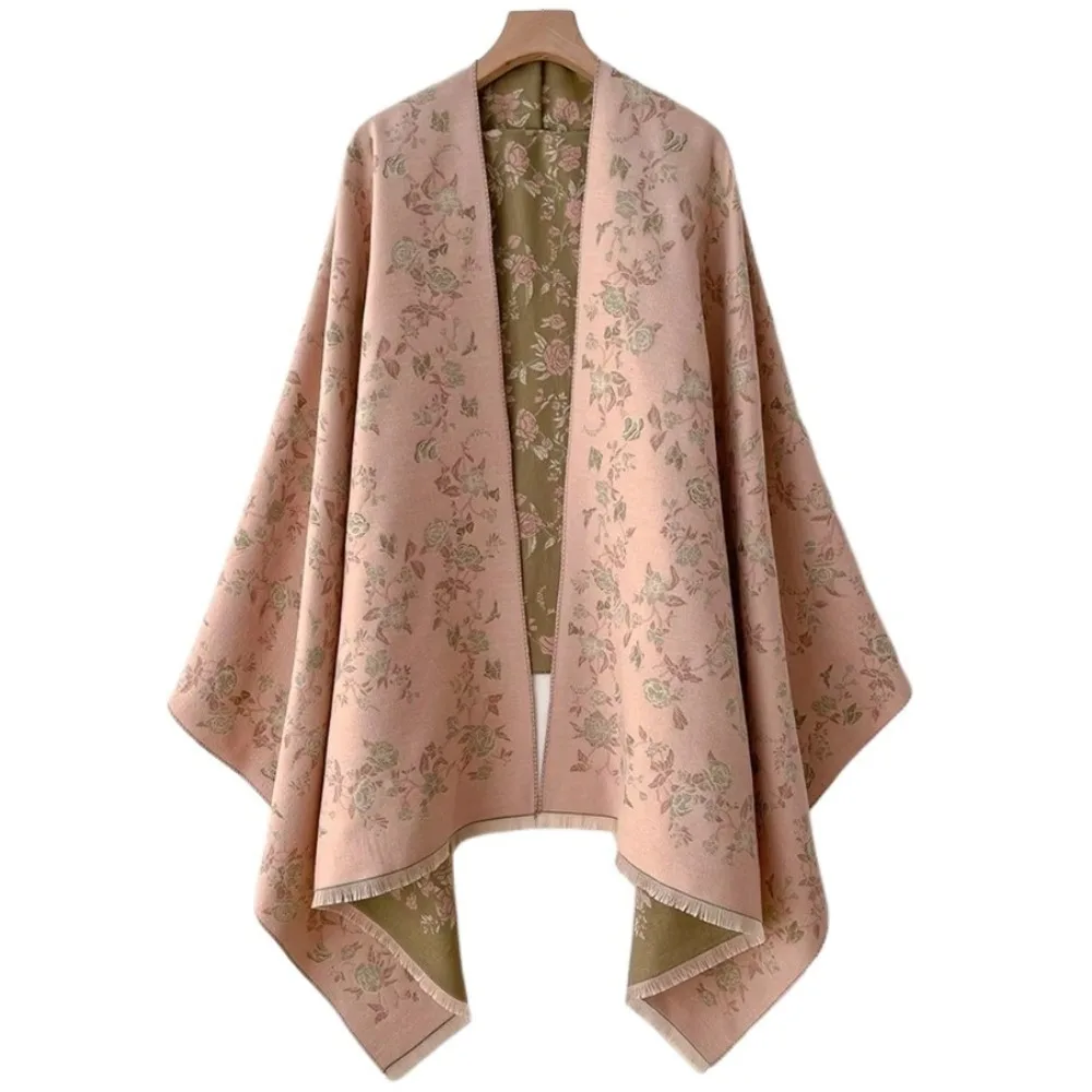 

Versatile Imitation Cashmere Shawl Elegant Floral Print Ethnic Style Cloak Windproof Soft Thermal Scarf Winter Wear Accessory