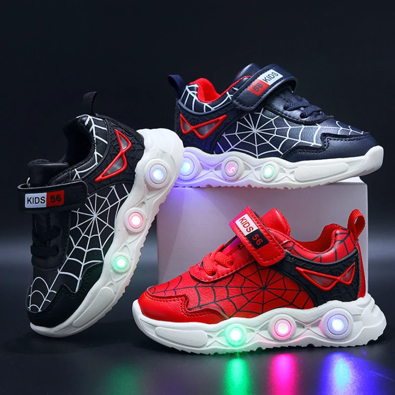 Disney LED Casual Sneakers Red Black For Spring Boys Spiderman Leather Outdoor Shoes Children Lighted Non-slip Shoes Size 21-30