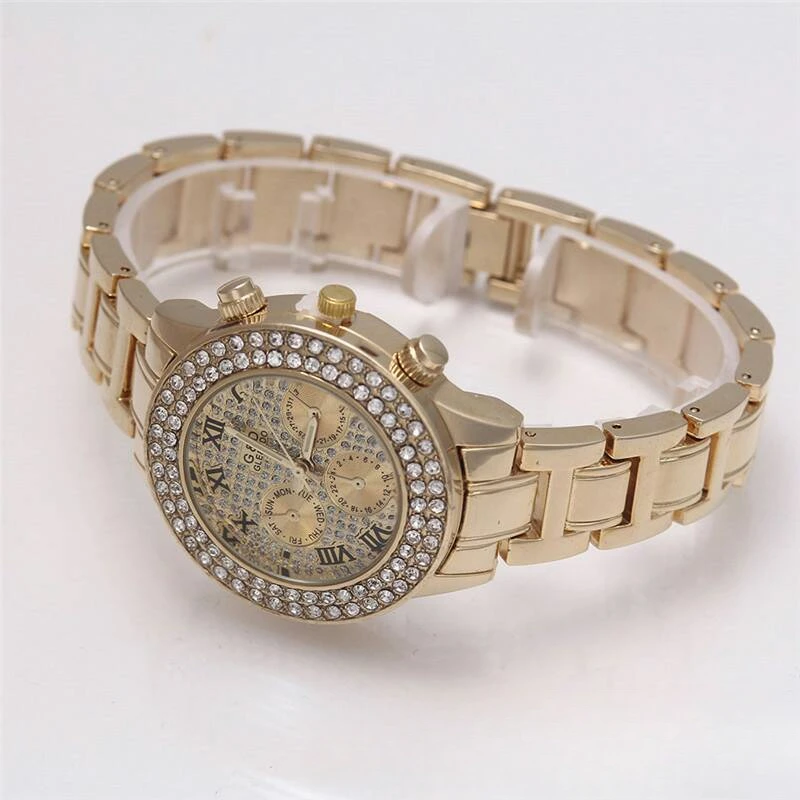 Ladies' watches gold luxury diamond plated three eyes full of European and American elegant luxury fashion quartz watches