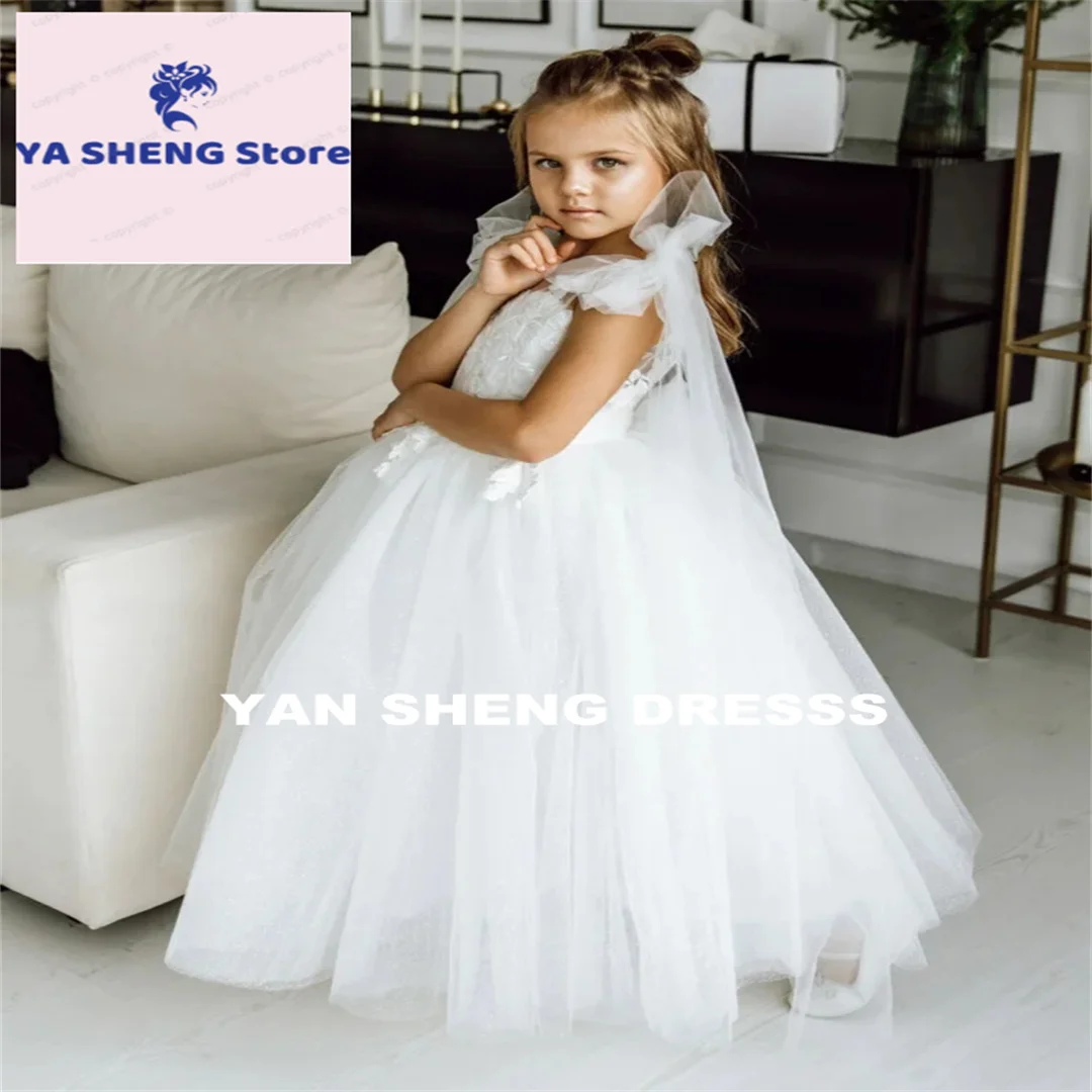 Customized Flower Girl Dresses White Tulle Appliques With Tailing And Bow Shoulder Sleeveless For Wedding Birthday First Communi