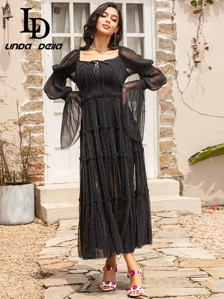 LD LINDA DELLA New Fashion Runway Summer Dress Women Square collar Flare Sleeve Balck Long vintage Party Dress