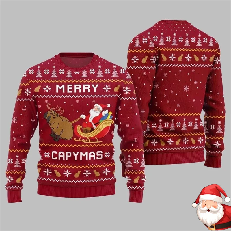 متعة ميلاد سعيد Capymas البلوز للرجال سانتا كلوز وكابيبارا طباعة تصميم س الرقبة عيد الميلاد البلوز سترة قبيحة 2026 السنة الجديدة #2