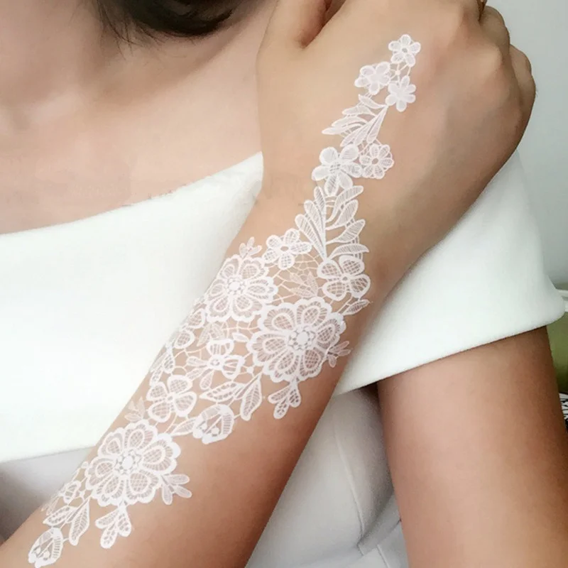 Sexy Henna Mehndi Tattoo White Lace Necklace Flower Temporary Tattoo Sticker Body Art Waterproof for Bridal Wedding Beach